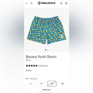 Baseball Lifestyle 101 Blue Banana Youth Shorts, youth L